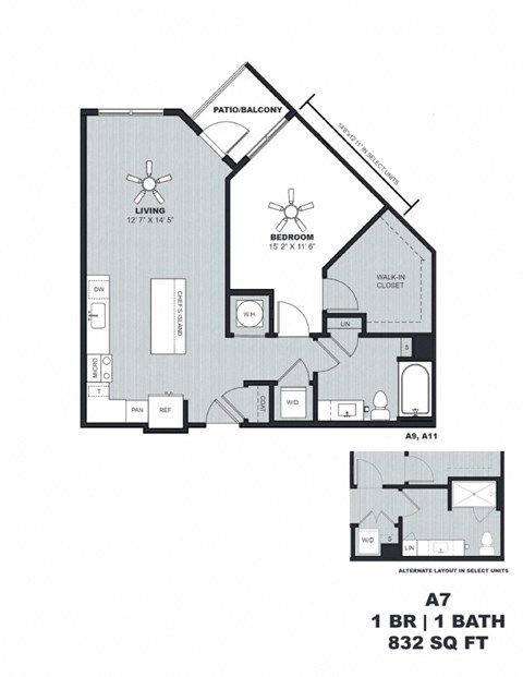 Floor plan for 1 bed, 1 bath, 832 sqft